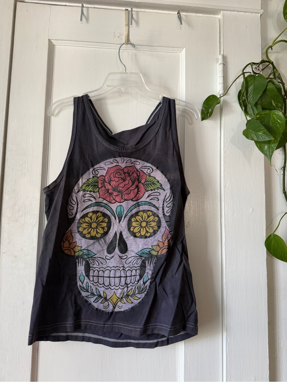 Euro, USA size M Black Tank Top with Multicolor Logo dia de los muertos skull